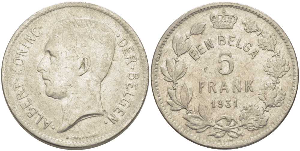 БЕЛЬГИЯ 5 ФРАНКОВ 1931 АЛЬБЕРТ I, DER BELGEN KM 98 никель 3851-333