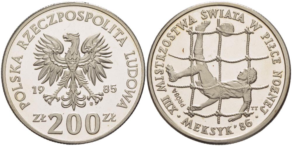 Польша 200 злотых 1985 MW, чемпионат мира по футболу в Мексике 1986 года, игрок с мячом на фоне сетки ворот, PROBA, тираж 15000 экземпляров, не магнитная KM Pr 513, Parchimowicz P.448а медно-никель PROOF 413-941