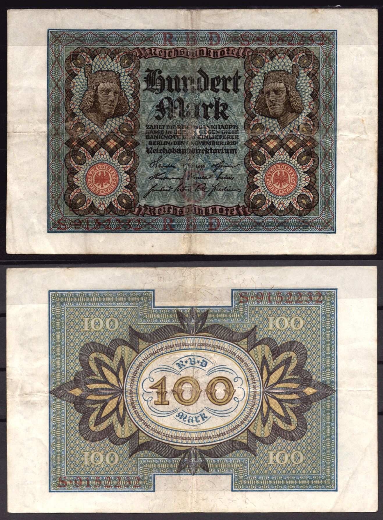 Германия 100 марок 1920 Веймар,7 цифр в номере, G, «Бамбергский всадник» из оперы «Купол Бамберга». Pick 69 a бумага 6289-14-1-2