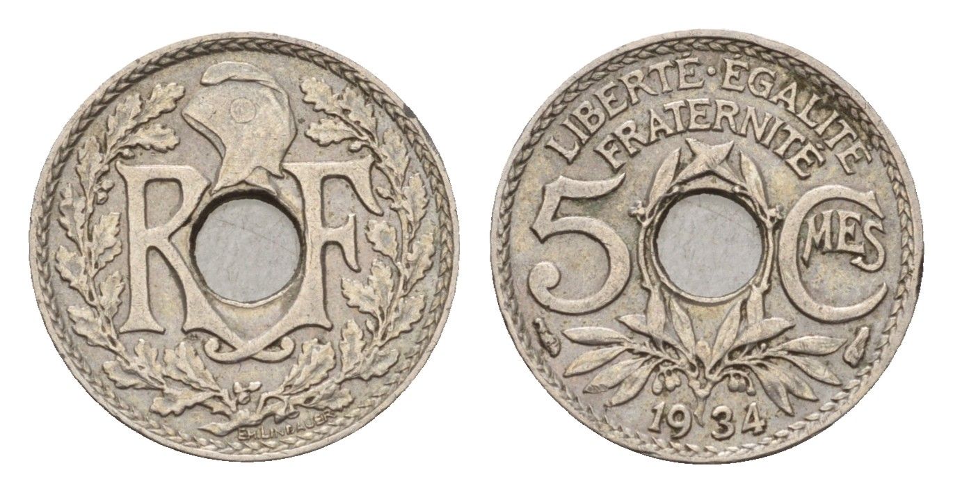 Франция 5 сантимов 1934 KM 875 медно-никель 4651-853