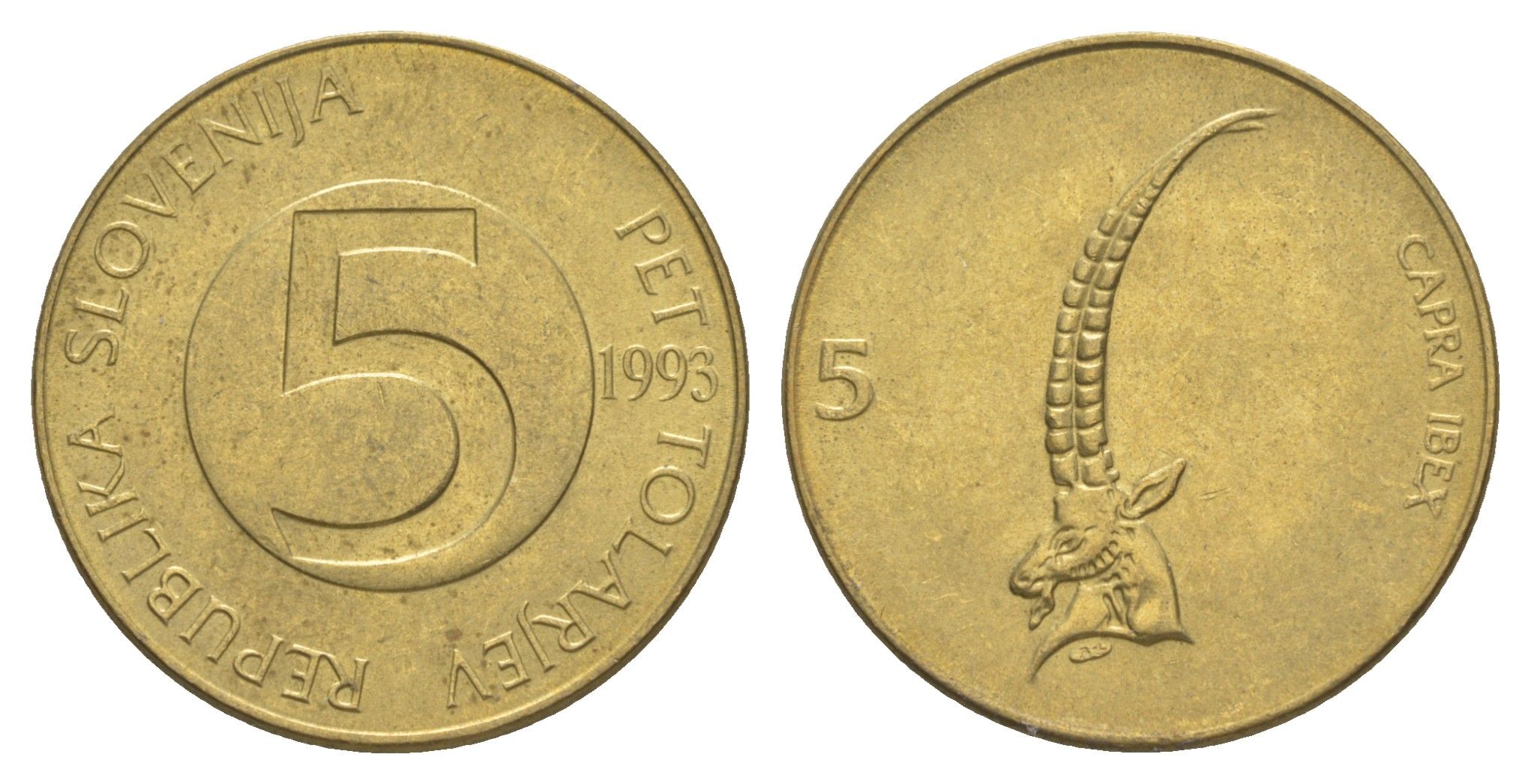 Словения 5 толаров 1993 ибекс, альпийский горный козел KM 6 латунь 4571-245