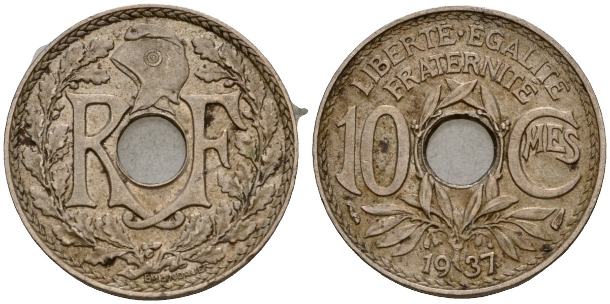 Франция 10 сантимов 1937 KM 866a медно-никель 4601-723