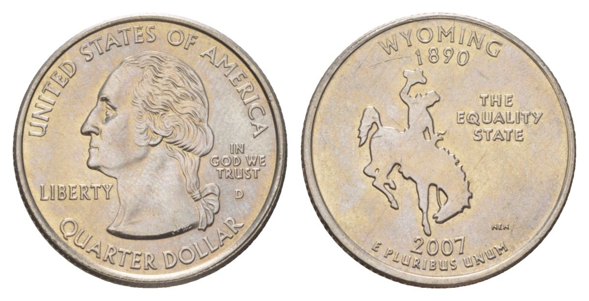 США 25 центов (квотер, 1/4 доллара) 2007 Квотер штата Вайоминг KM 399 медь плакированный медно-никелем UNC 4629-137