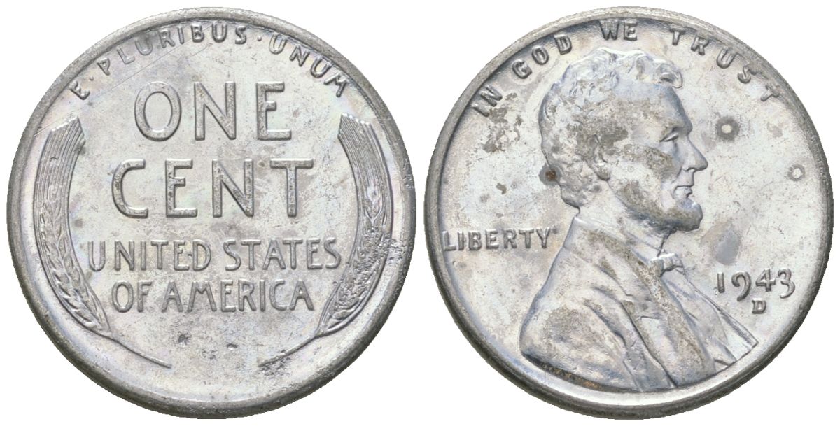 США 1 цент 1943 D, Авраам Линкольн KM 132 a сталь покрытая цинком aUNC 112-526
