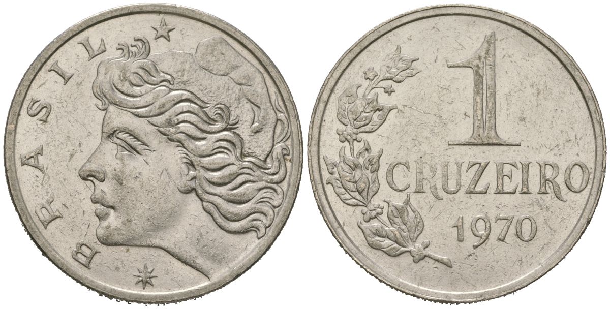 Бразилия 1 крузейро 1970 KM 581 никель 4619-616
