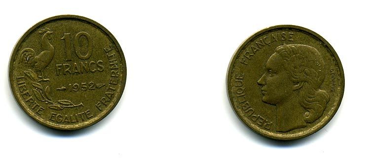 Франция 10 франков 1952 петух KM 915.1, Le Franc 363.4 алюминиевая бронза 56-324