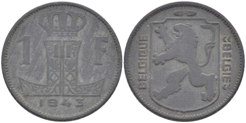 БЕЛЬГИЯ 1 ФРАНК 1943 BELGIQUE-BELGIE, ГЕРМАНСКАЯ ОККУПАЦИЯ, ВТОРАЯ МИРОВАЯ ВОЙНА, ЛЕОПОЛЬД III (1934-1950) KM 127 цинк 119-422