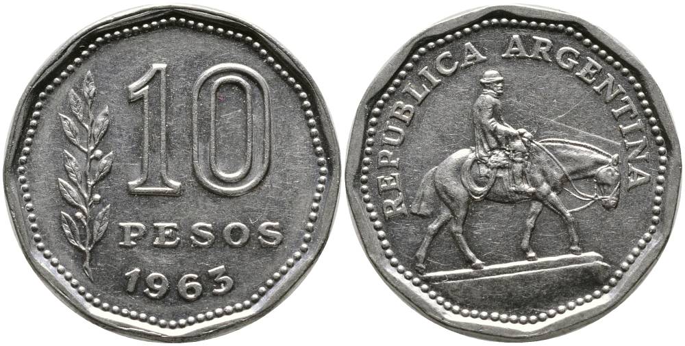 Аргентина 10 песо 1963 Гаучо KM 60 никелированная сталь 4525-944