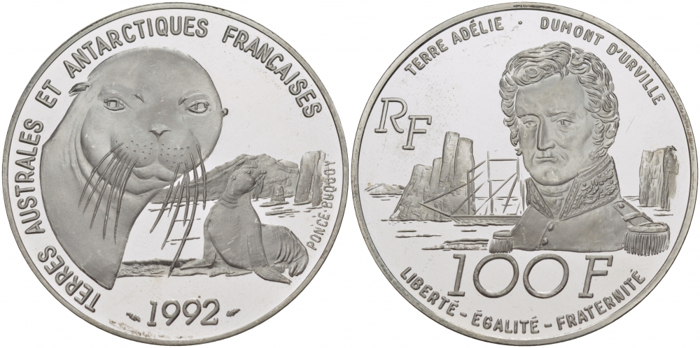 Франция 100 франков 1992 ТЮЛЕНИ, ФРАНЦУЗСКИЕ АНТАРКТИЧЕСКИЕ ТЕРРИТОРИИ KM 1010 серебро PROOF 05-095-34