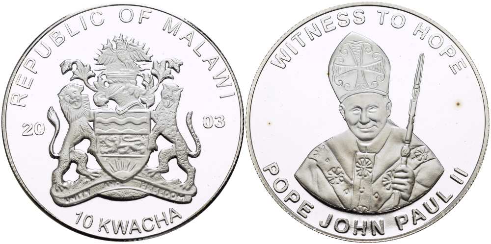 Малави 10 квача 2003 папа Иоанн Павел II, "witness to hope", свидетель надежды, серебрение KM 107 медно-никель PROOF 11-226-12