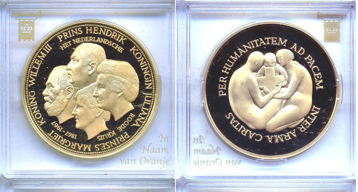 НИДЕРЛАНДЫ МЕДАЛЬ ND 100 ЛЕТ КОРОЛЕВСКАЯ ДИНАСТИЯ НИДЕРЛАНДОВ (1867-1967) (КОРОЛЬ ВИЛЬГЕЛЬМ III, ПРИНЦ ХЕНДРИК, КОРОЛЕВА ЮЛИАНА, ПРИНЦЕССА МАРГАРЕТ бронза, позолота PROOF 5-3-1-96