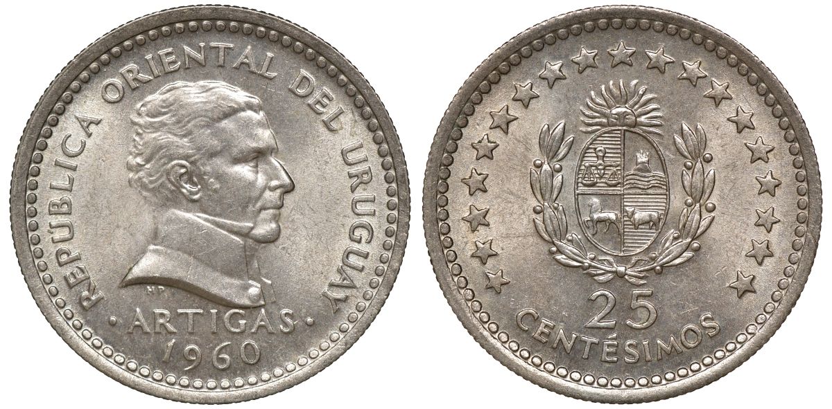 Уругвай 25 сентесимо 1960 KM 40 медно-никель 4169-919