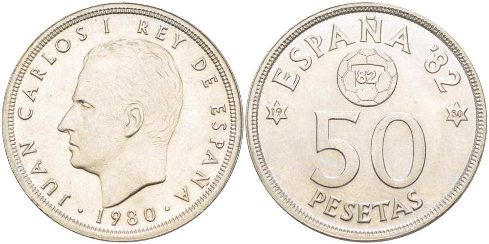 Испания 50 песет 1980 (80) чемпионат мира по футболу в Испании 1982 года, Хуан Карлос I (1975-) KM 819 медно-никель UNC 4517-312