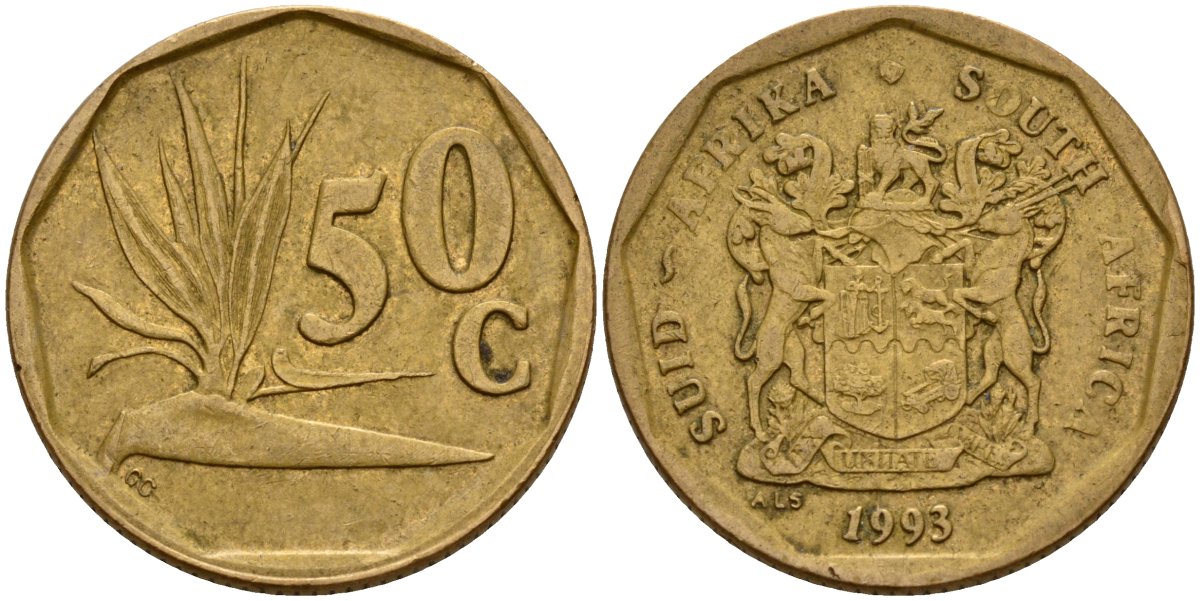 ЮАР 50 центов 1993 цветок KM 137 сталь плакированная латунью 4179-753