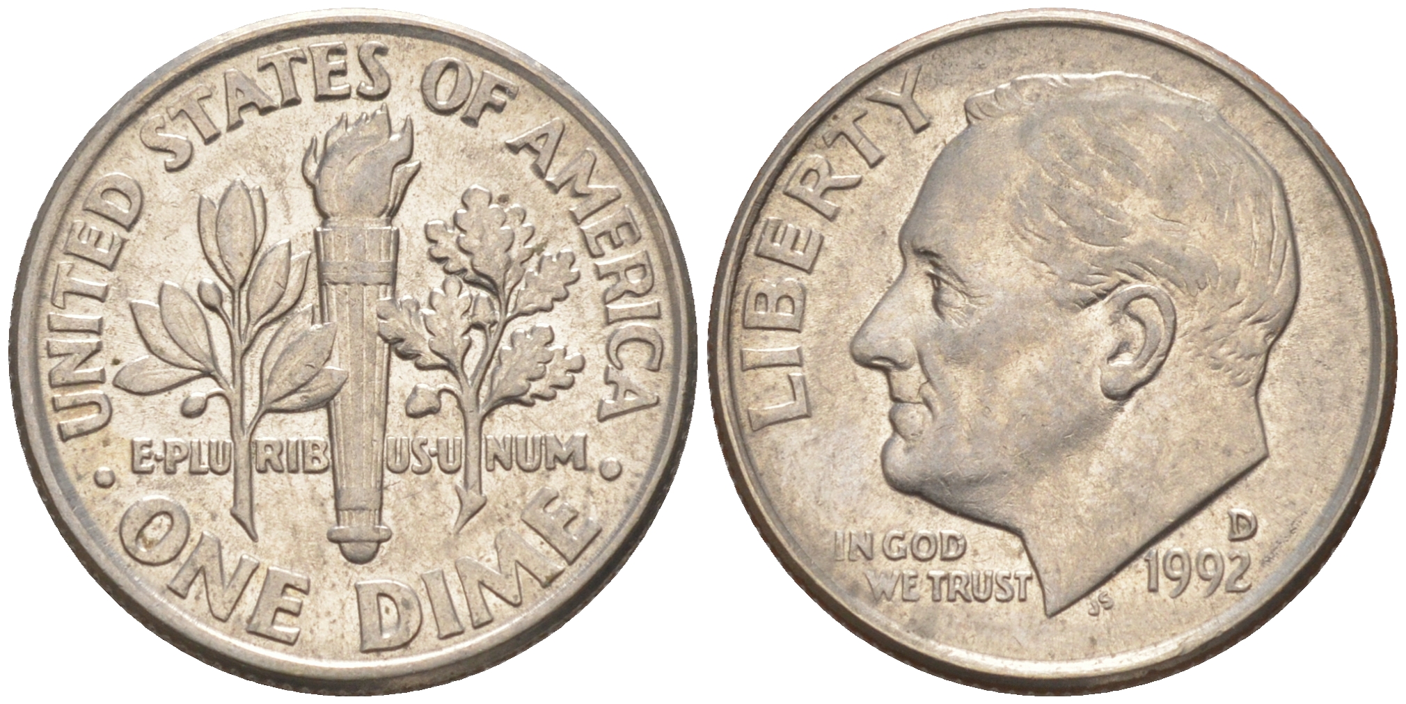США 10 ЦЕНТОВ = 1 ДАЙМ 1992 D, РУЗВЕЛЬТ KM 195a медь плакированная медно-никелем 187-1067