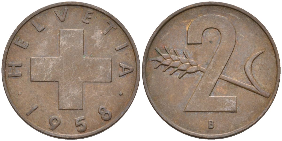 Швейцария 2 раппена 1958 В KM 47 бронза 4591-1226