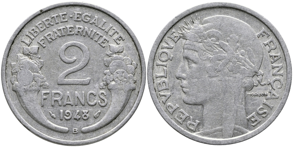 Франция 2 франка 1948 В KM 886а.2 алюминий 23-145