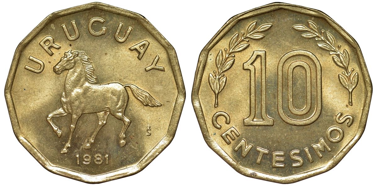 Уругвай 10 сентесимо 1981 KM 66 алюминиевая бронза 4169-516
