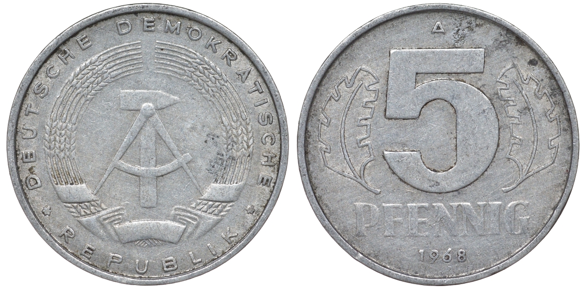 ГДР 5 ПФЕННИГОВ 1968 A KM 9.1 алюминий 62-142