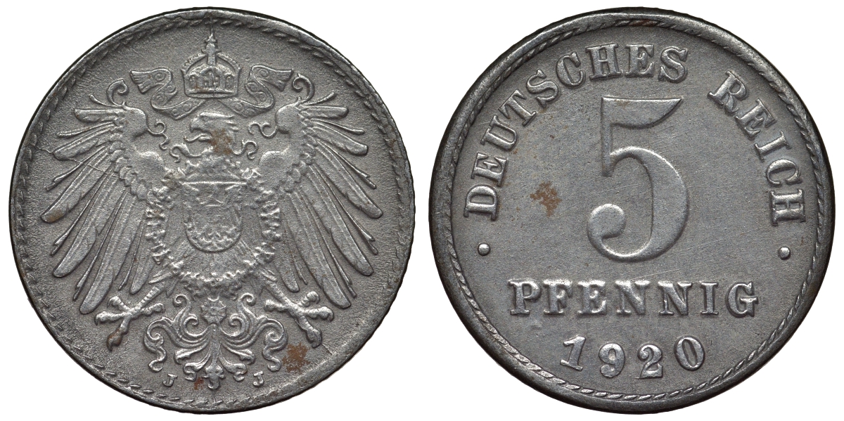 Германия 5 пфеннигов 1920 J KM 19, J. 297, Weege 5 железо 4118-1052
