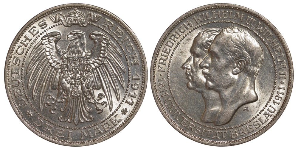 Пруссия 3 марки 1911 A, Университет Бреслау Weege 108, J. 108, KM 531 серебро UNC 00-807-07