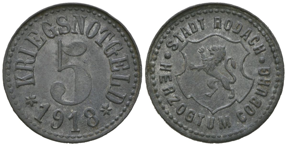 Родах (Саксен-Кобург и Гота) 5 пфеннингов 1918 Funck 449.1, Men18 27163.1 цинк 4164-228