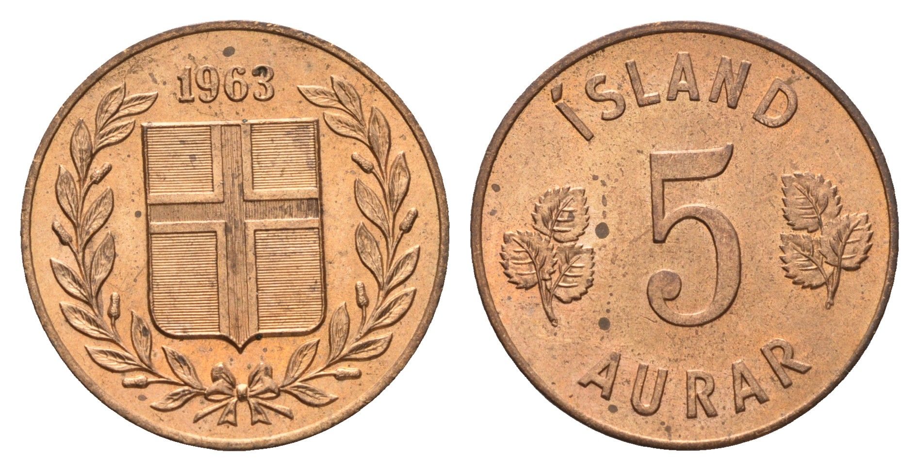 Исландия 5 эйре 1963 KM 9 бронза UNC 4691-335