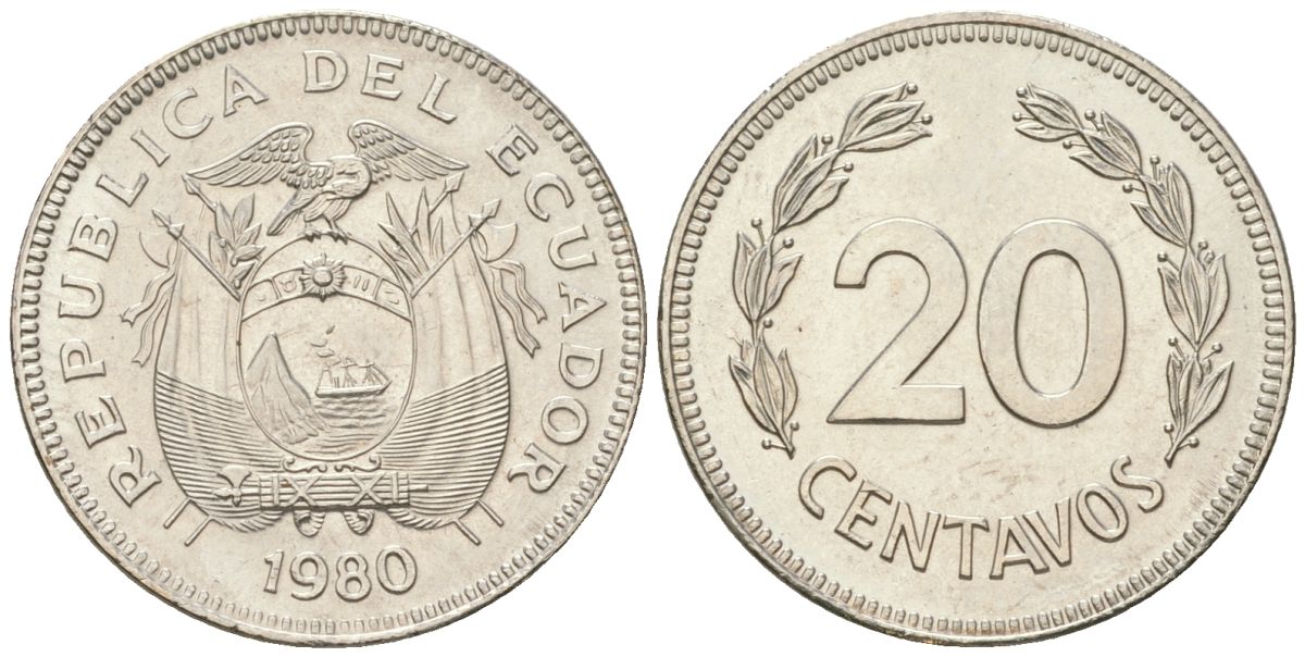Эквадор 20 сентаво 1980 KM 77.2a сталь плакированная никелем aUNC 4611-724