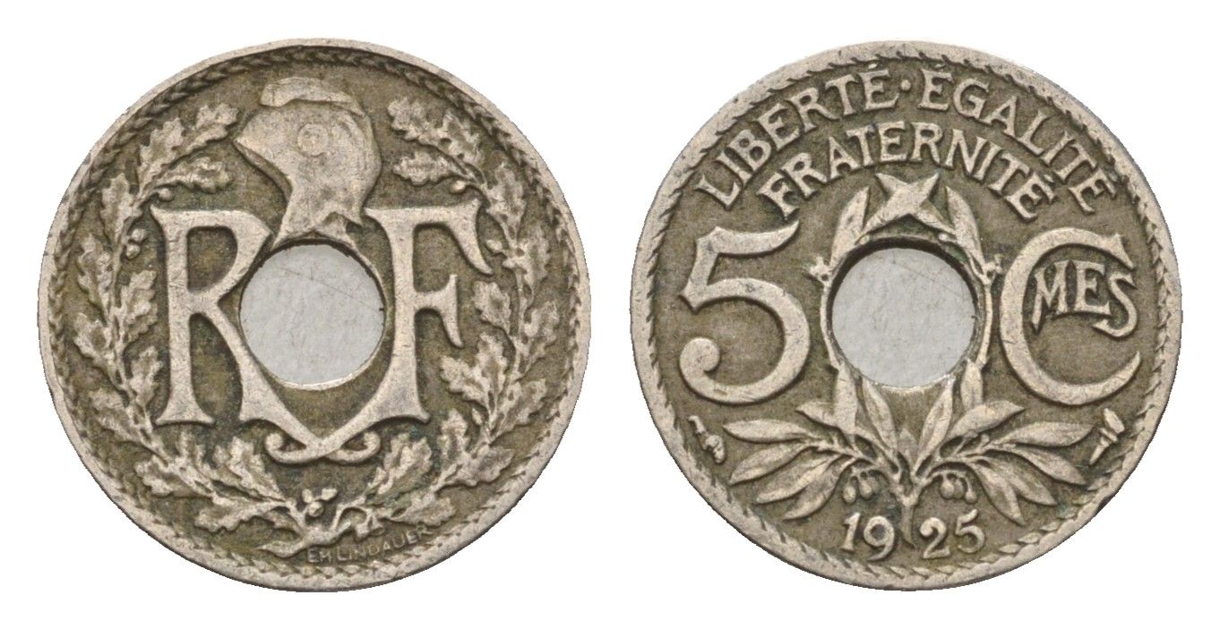Франция 5 сантимов 1925 KM 875 медно-никель 4651-835