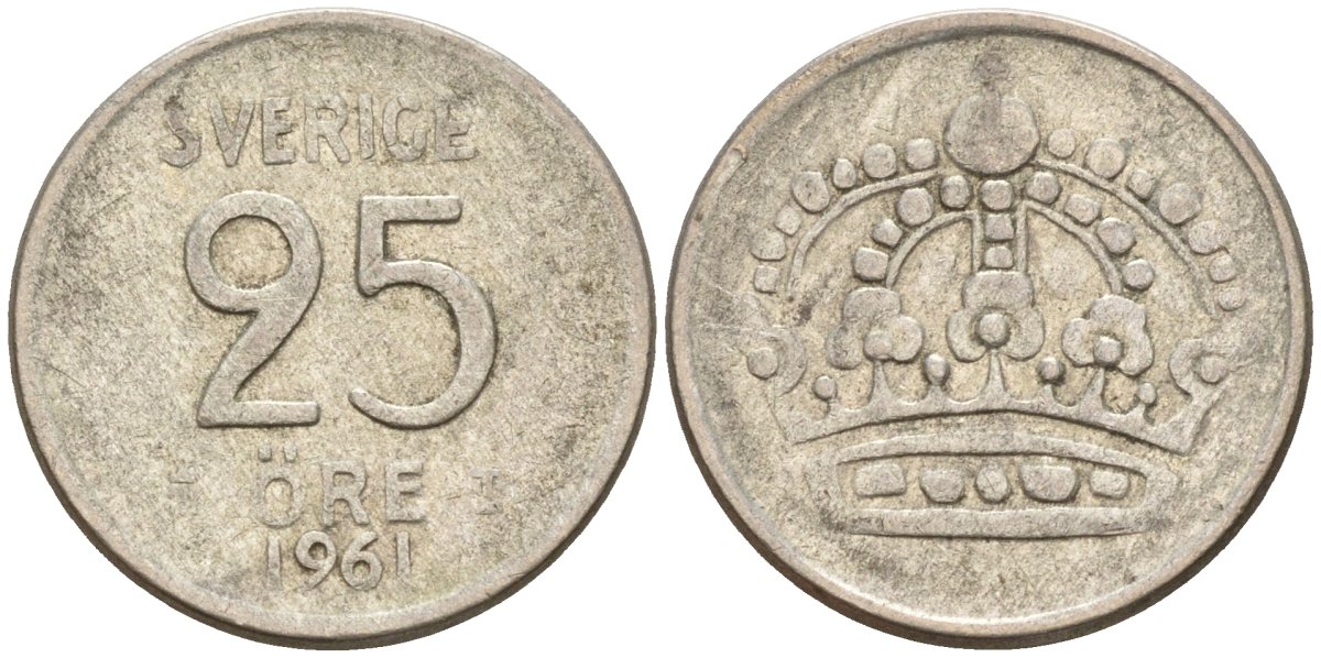 Швеция 25 эре 1961 TS, Густав VI Адольф (1950-1973) KM 824 серебро 4147-1116