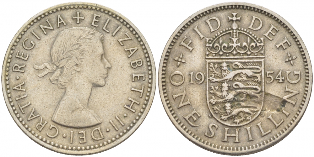 Великобритания 1 шиллинг 1954 Елизавета II (1952-2022), Английский герб KM 904, Spink 4147 медно-никель 77-114