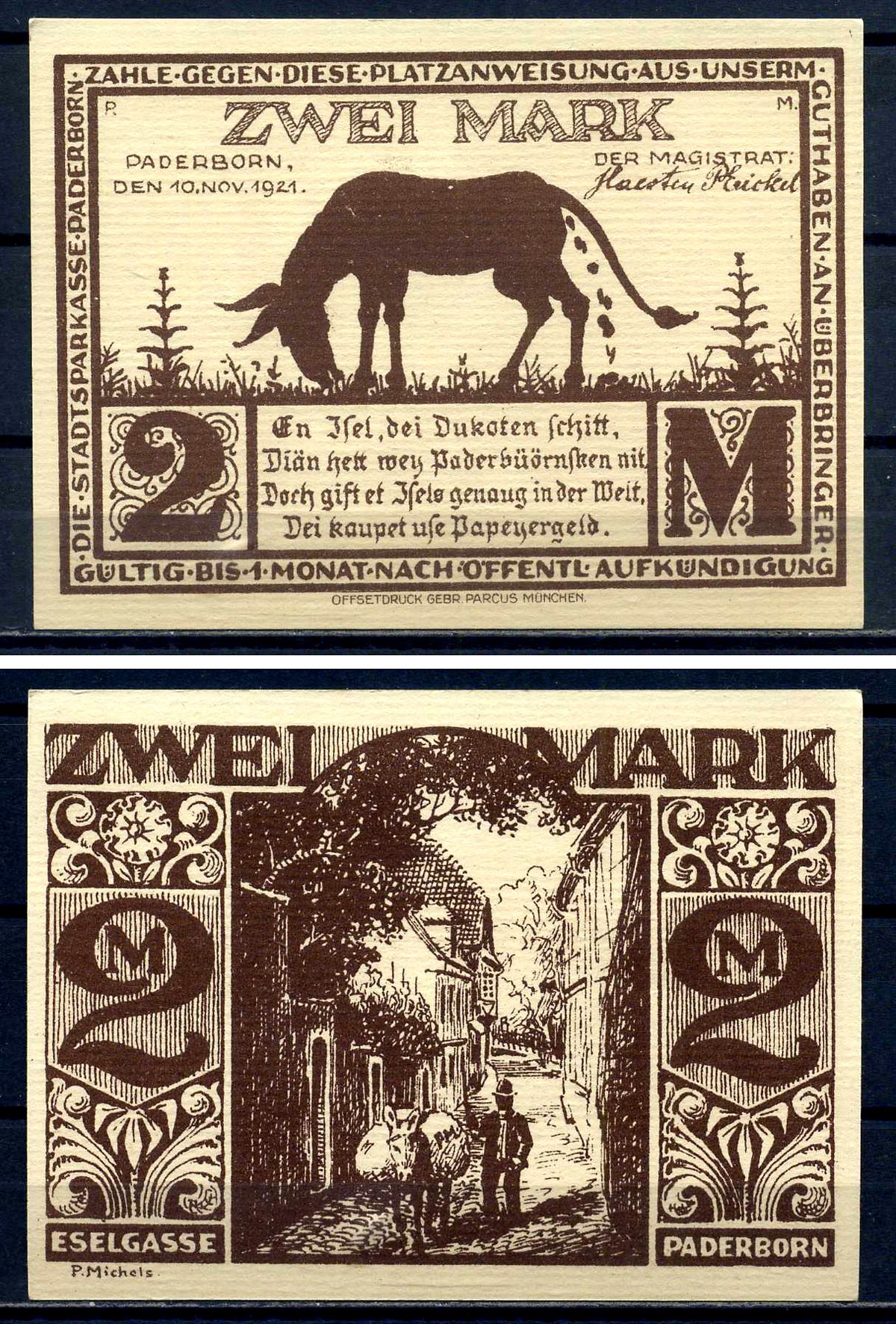 Падерборн (Вестфалия) 2 марки 1921 на ослиной аллее DeNG 1/2 1043.7-5/5 картон UNC (пресс) 7556-4-1-2