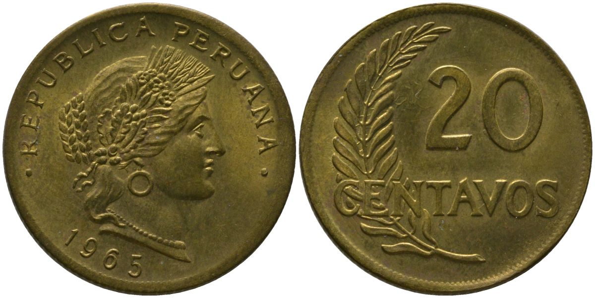 Перу 20 сентаво 1965 KM 221.2b, Schon 29.2 латунь 4539-314