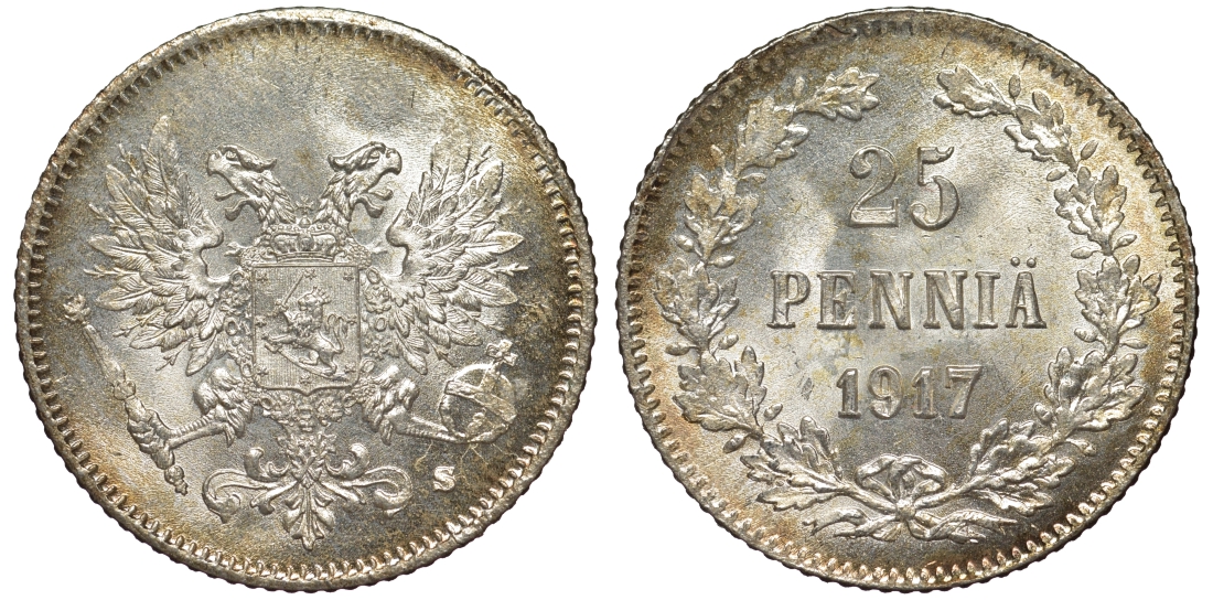 Россия для Финляндии 25 пенни 1917 S, временное правительство, без короны KM 19, Биткин 2 серебро 75-1451