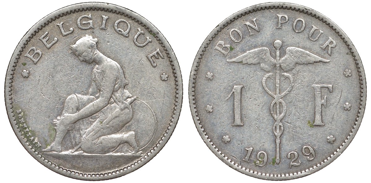 Бельгия 1 франк 1929 Belgique KM 89 никель 51-2051