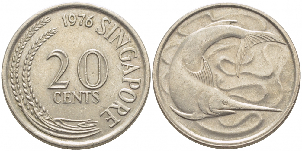Сингапур 20 центов 1976 голубой марлин, тунец KM 4 медно-никель 3856-1021