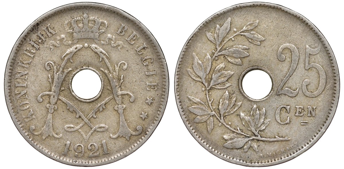 Бельгия 25 сантимов 1921 KM 69 медно-никель 217-713