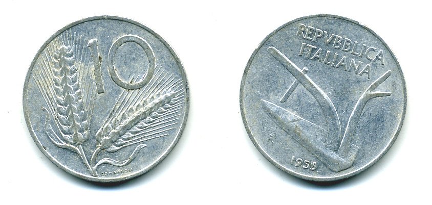 ИТАЛИЯ 10 ЛИР 1955 R, КОЛОСЬЯ, ПЛУГ KM 93 алюминий 23-1314