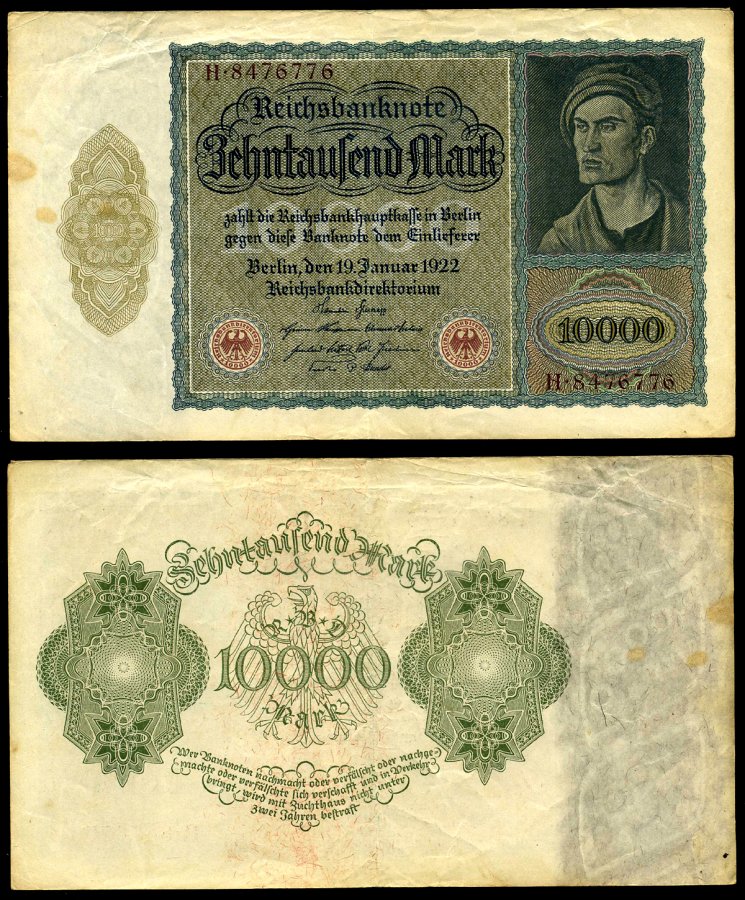 Германия 10000 марок 1922 серия H, без буквы Pick 71, Розенберг 68b бумага 8618-45-1-1