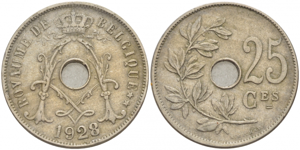 БЕЛЬГИЯ 25 САНТИМОВ 1928 BELGIQUE KM 68.1 медно-никель 4529-1122