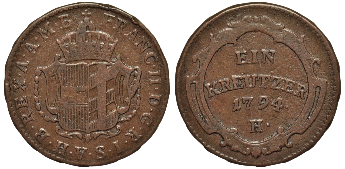 АВСТРИЯ 1 КРЕЙЦЕР 1794 H, ШТАТ BURGAU KM 8 медь 4556-137