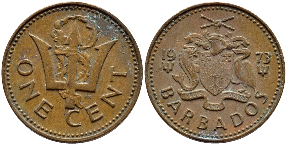 Барбадос 1 цент 1973 сломанный трезубец Британии KM 10 бронза 4396-1249