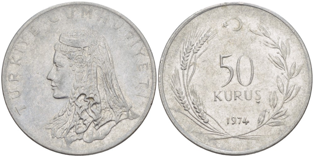 Турция 50 курушей 1974 Анатолийская невеста KM 899 нержавеющая сталь 4541-933