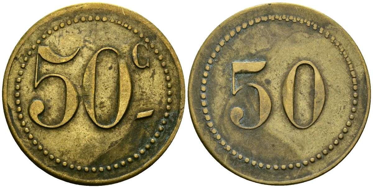 Франция 50 сантимов XIX-XX век ресторанный жетон латунь 4166-1253