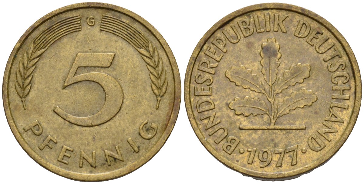 ФРГ 5 пфеннигов 1977 G KM 107, J.382 сталь плакированная латунью 4115-951