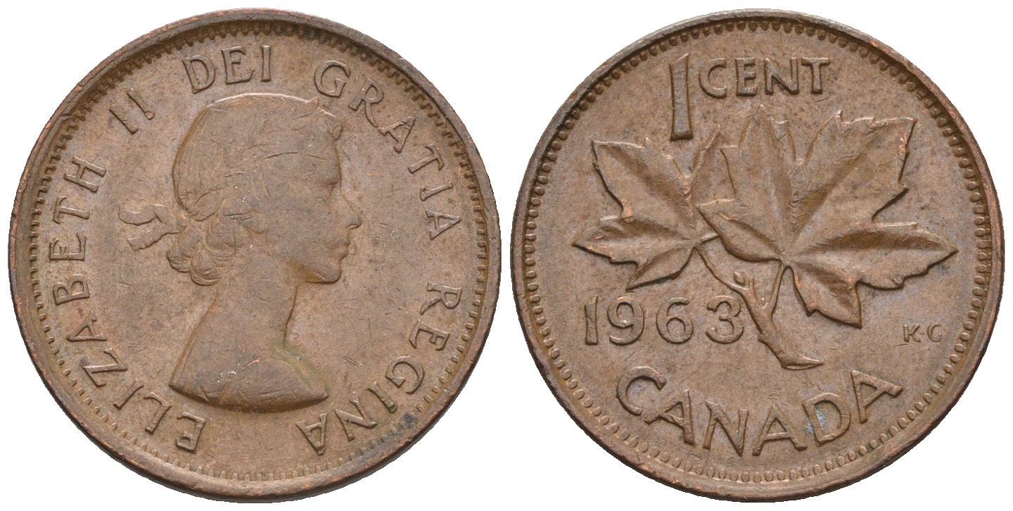 Канада 1 цент 1963 Елизавета II (1952-2022), кленовый лист KM 49 бронза 4609-124