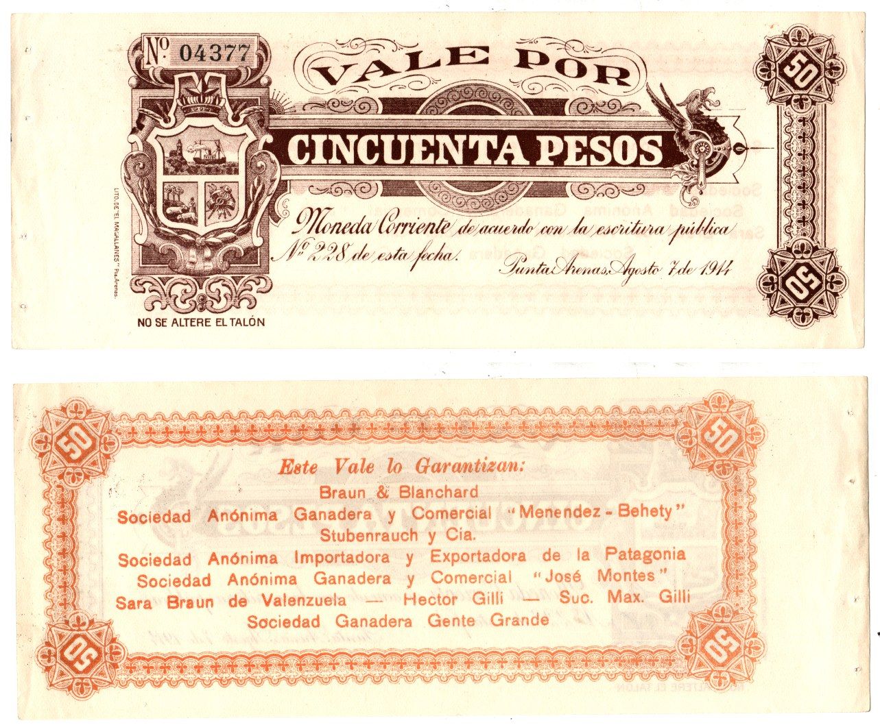 Чили, Пунта-Аренасе 50 песо 1914 ваучер бумага 451-1261-2