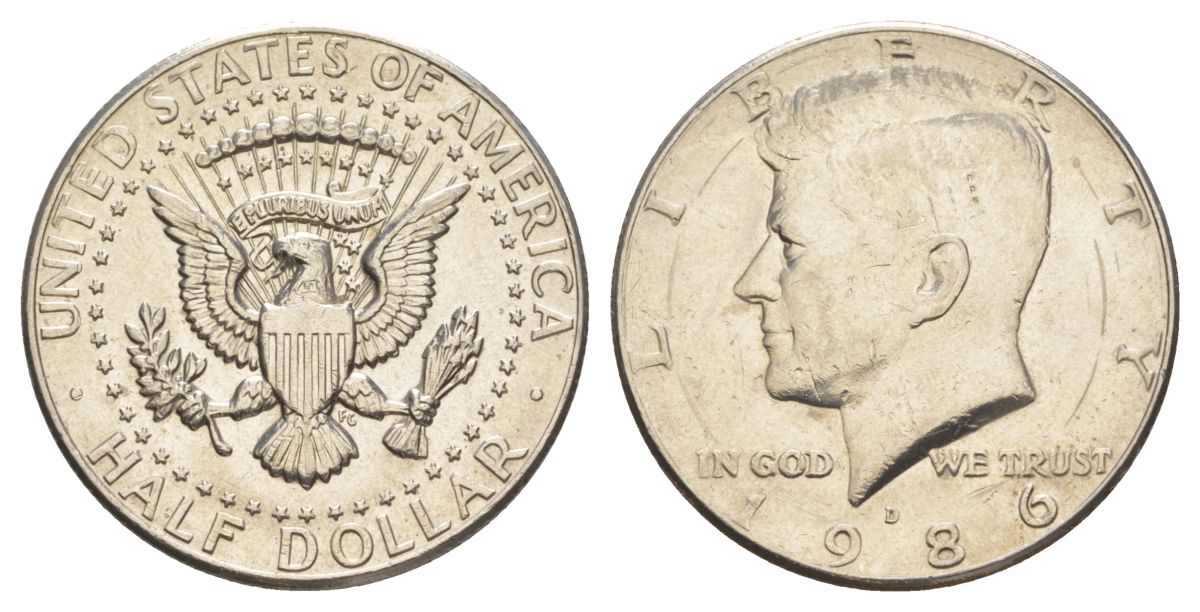 США 1/2 доллара (50 центов) 1986 D, Джон Кеннеди KM A202b медь плакированная медно-никелем aUNC 4367-943