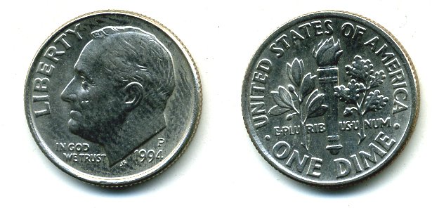 США 10 ЦЕНТОВ = 1 ДАЙМ 1994 P, РУЗВЕЛЬТ KM 195а медь плакированная медно-никелем 46-2537