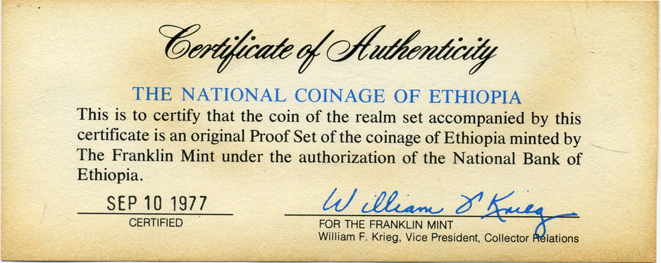 Эфиопия набор из 5 монет 1977 в запайке в оригинальной коробке, с сертификатом KM PS 7, KM (43.2-47.2) PROOF 2-6-3-07